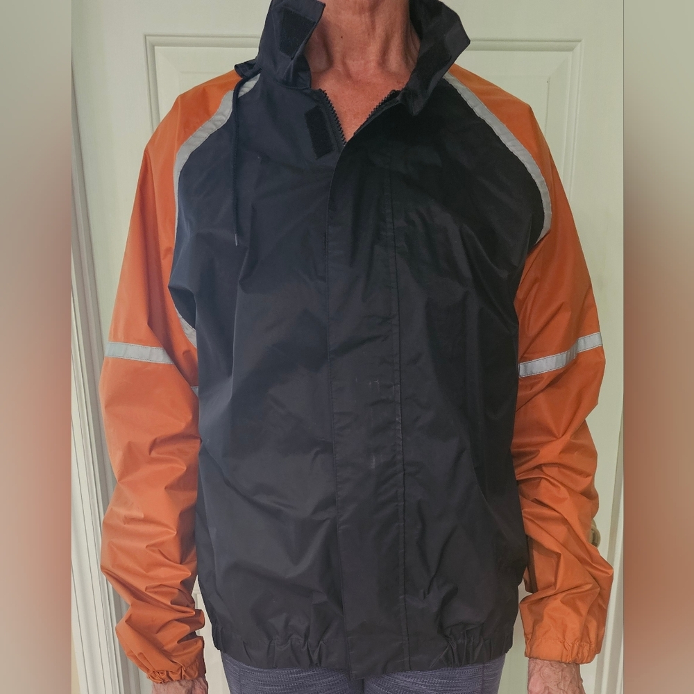 Harley-Davidson Men's Black and Orange Rain Gear. Jacket & Pants, Hidden Hood.